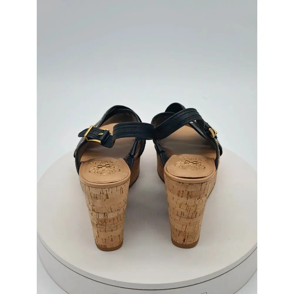 Vince Camuto Ellana Black Leather Studded Cork Wedge Sandals Women’s Size 9M New